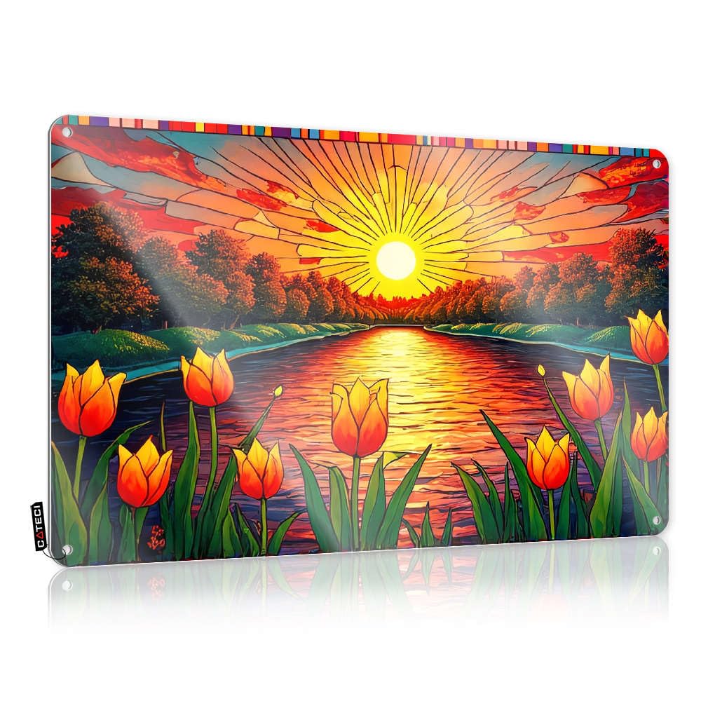 Sujd Men's Colour Autumn Highland Decor Harvest Tin Sign Welcome Retro Metal/Wall For Bedroom - Cowgirl Home Sunset Over A River With Vibrant Tulips In The Foreground.