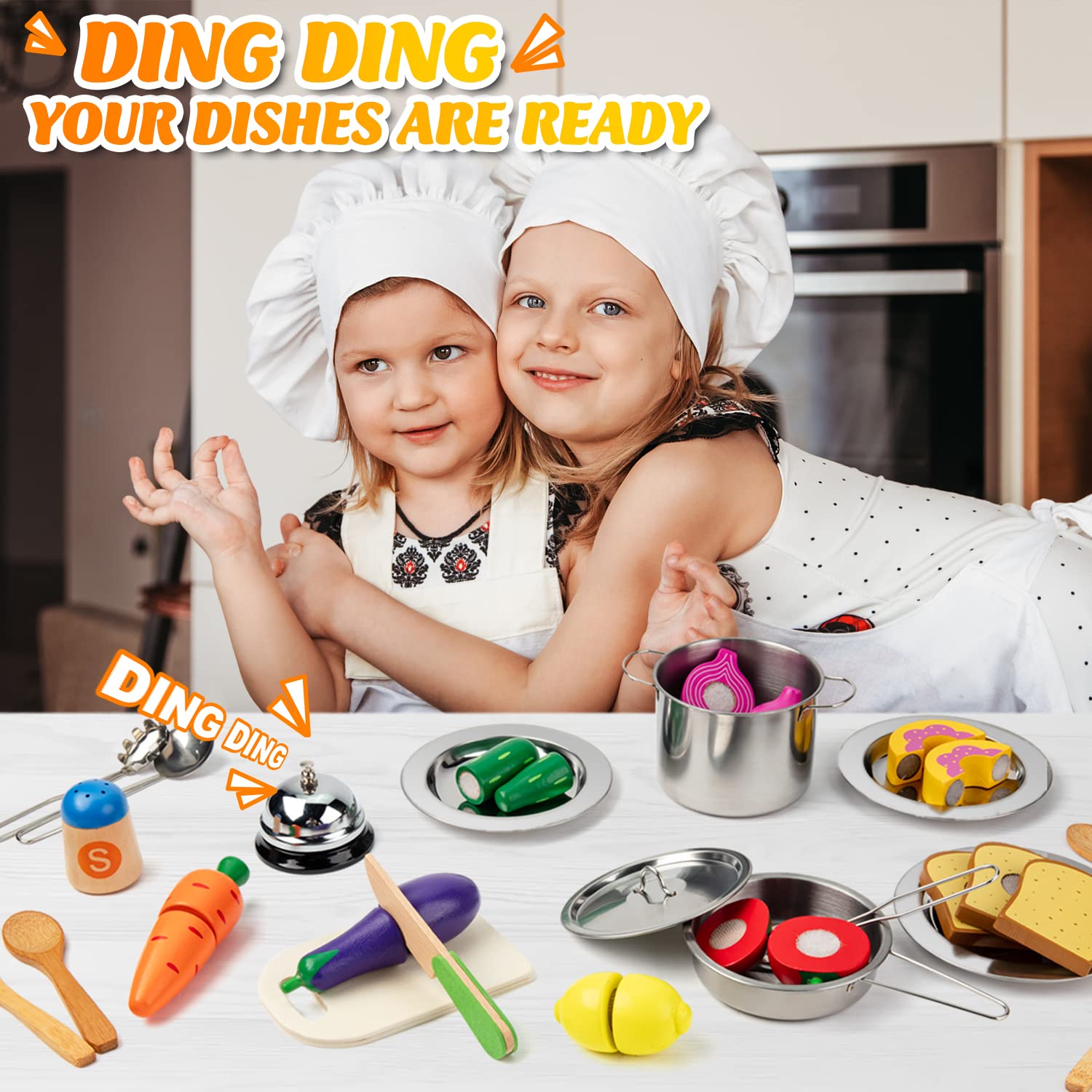SLEMAKO Accessori per Giocattoli da Cucina per Bambini, Gioco di Ruolo da Cuoco Utensili Cucina Giocattolo Legno con Pentole e Padelle in Acciaio Inossidabile, Feste