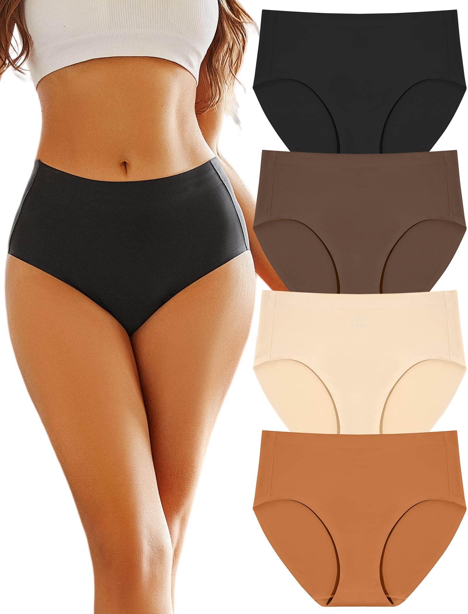 FINETOO Women's High Waisted Seamless Underwear Full Coverage Brief Ladies No Show Panties Sexy Lingerie Regular&Plus Size