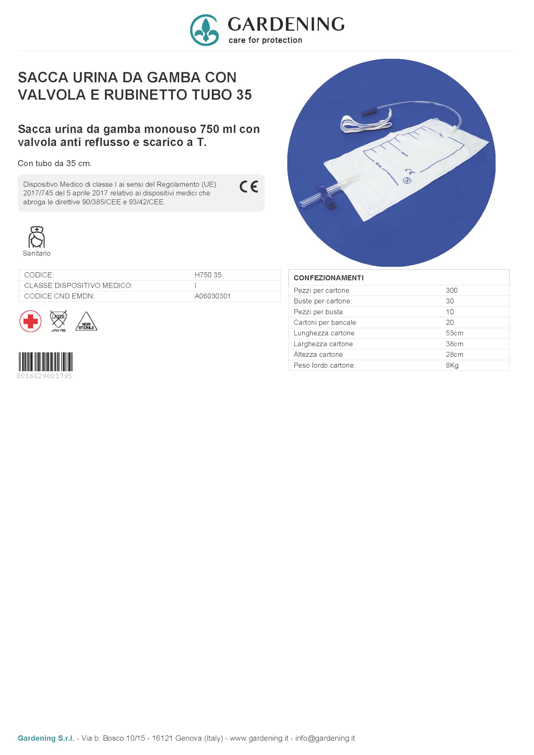 Bolsa para la recogida de orina de pierna – Desechable – Capacidad 750 ml – Tubo 35 cm – Válvula antireflujo – Desagüe en T – CE (paquete de 10 unidades)