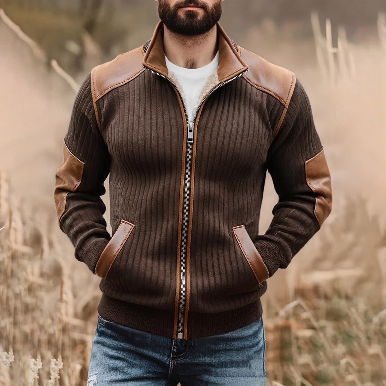 Mens Jackets Vintage Textured Patchwork Jacket Full Zip Long Sleeve Sweatshirt Western Cowboy Fall Winter Warm Coat