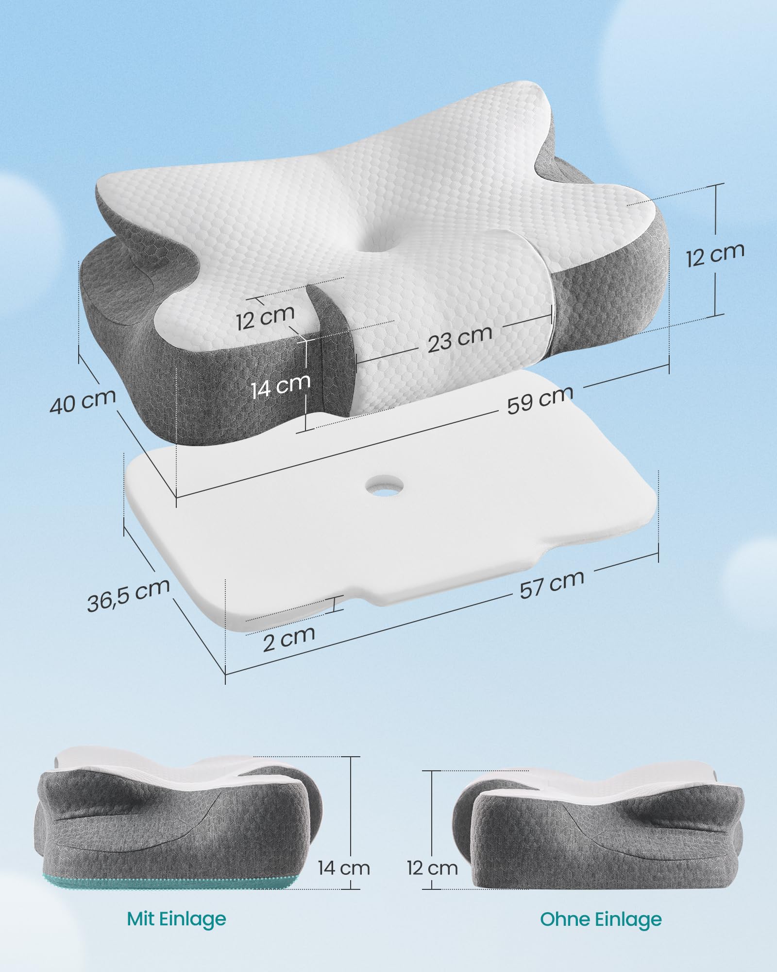 SONGMICS Kopfkissen, Kissen ergonomisch, Nackenkissen, höhenverstellbar, Schlafkissen, Memory Foam Kissen, für Seitenschläfer, Rückenschläfer & Bauchschläfer, wolkenweiß-Taubengrau TBP051GZ02