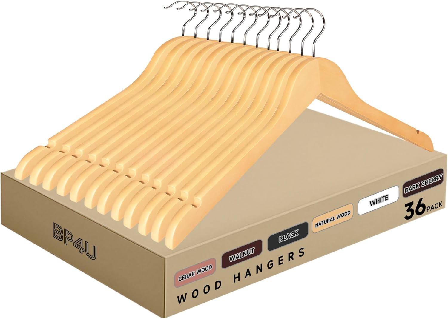 Premium Wooden Top Hangers, Heavy Duty Solid Wood Suit Hangers with 360° Swivel Hook & Anti-Slip Notches, Durable Clothes Hangers for Jackets, Coats, Shirts & Dresses(Natural Wood/36-Pack)