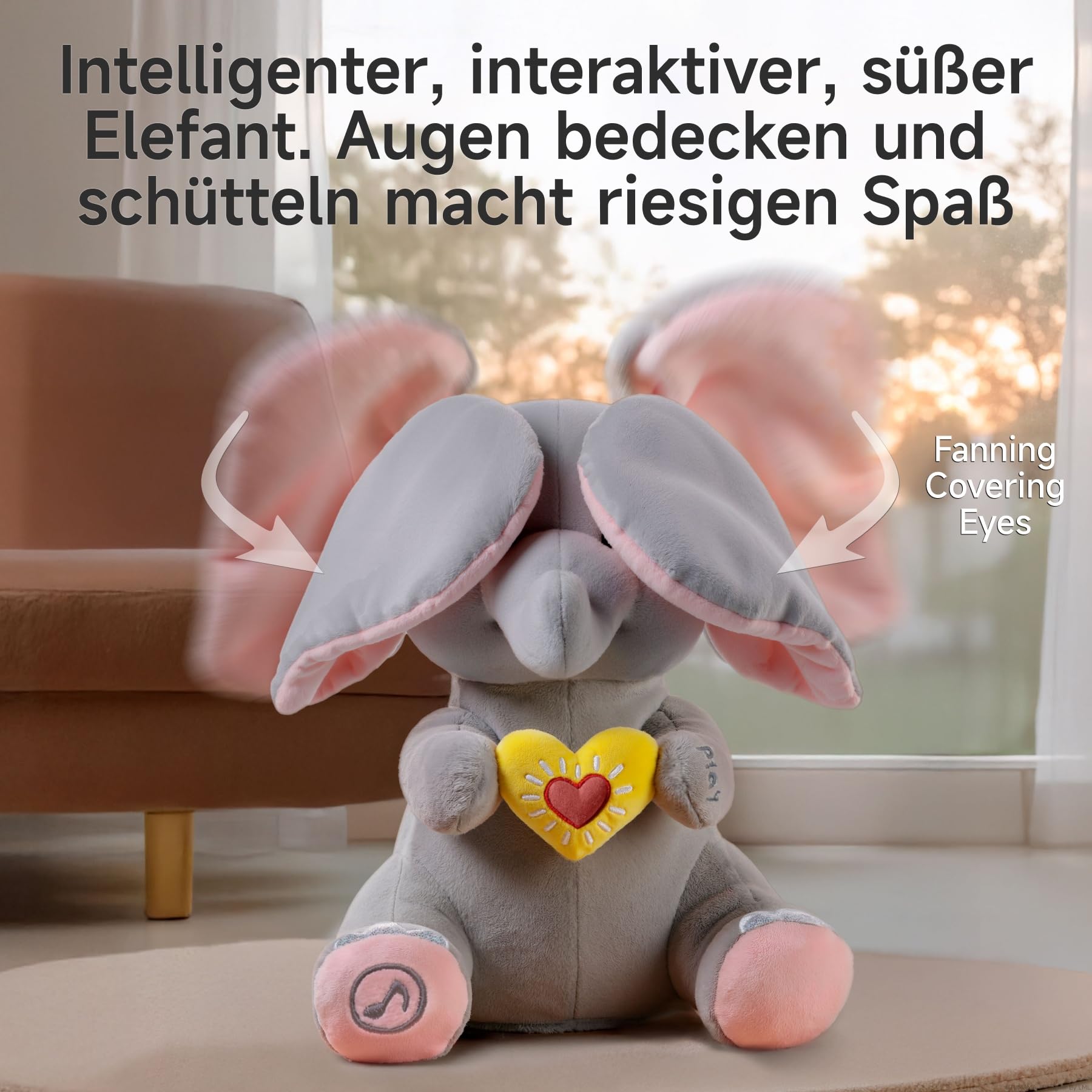 Singender Elefant Kuscheltier spielt Guck, Schlummer Kuscheltier mit Flatterohren für Kinder