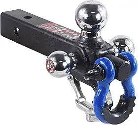 TOPTOW Engate de reboque com manilha de recuperação azul suporte de engate com esfera de reboque tripla cromada, haste de 5 cm, ajuste múltiplo para receptor de engate de reboque de 5 cm..