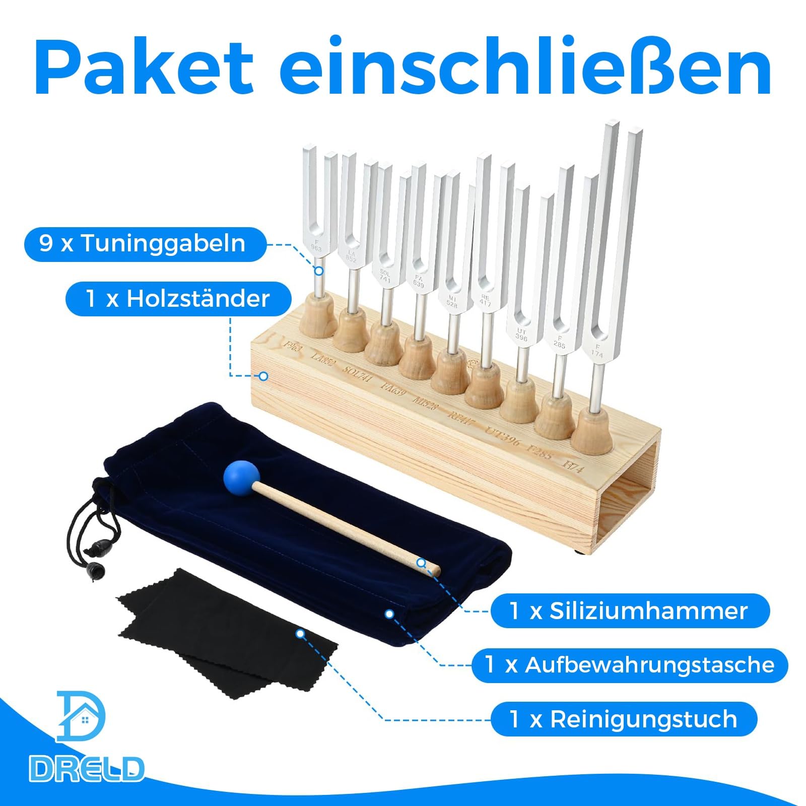 DRELD 9 PCS Solfeggio Stimmgabel Set Chakra Stimmgabeln mit Holzrahmen Tasche Hammer für Heilung Klangtherapie Ausgleich Vibration (174HZ 285HZ 396HZ 417HZ 528HZ 639HZ 741HZ 852HZ 963HZ) Silber