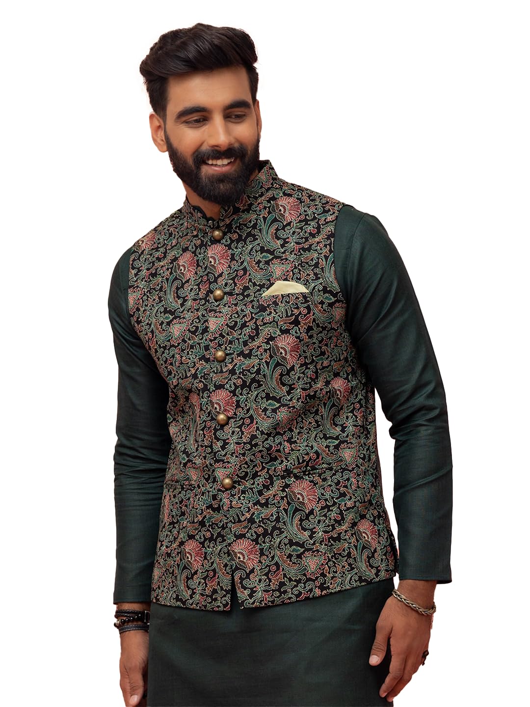 Men Green Black Printed Nehru Jacket Ethnic Festive Waistcoat Cotton, Regular Fit