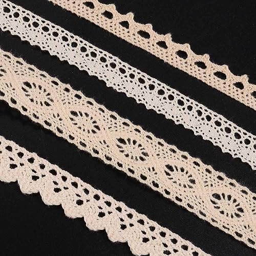 VU100 Cinta de encaje de algodón de ganchillo de 24 yardas, 4 rollos de tela de encaje de costura vintage, suministro hecho a mano para