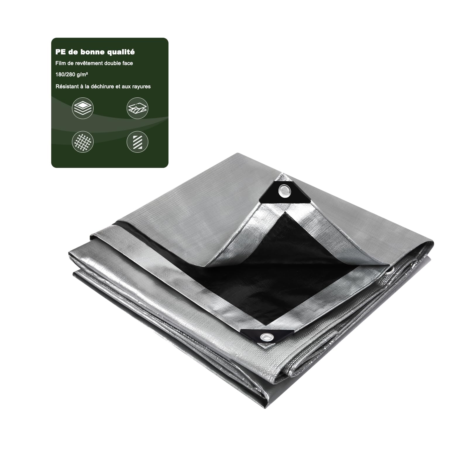 Laneetal Bâche de Protection en Polyéthylène 2x3m 280g/m²² PE Bâche Imperméable Ultra Lourde et Résistante Revêtue des Deux côtés avec Oeillets en Aluminium Couverture Étanche pour Jardin，Grau-schwarz