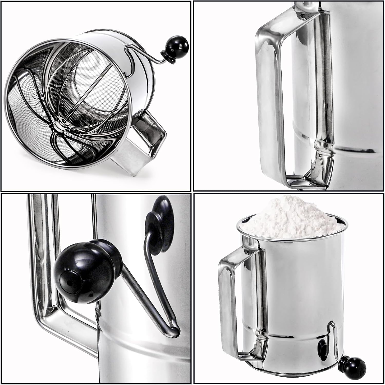 Pumtus 3 Pack Flour Sifter Set, 5 Cup Hand Crank Sifter with 2 Pieces Baker's Dusting Wands, Stainless Steel Fine Mesh Baking Sifter with Agitator Rotary, Powdered Sugar Duster for Baking Dessert