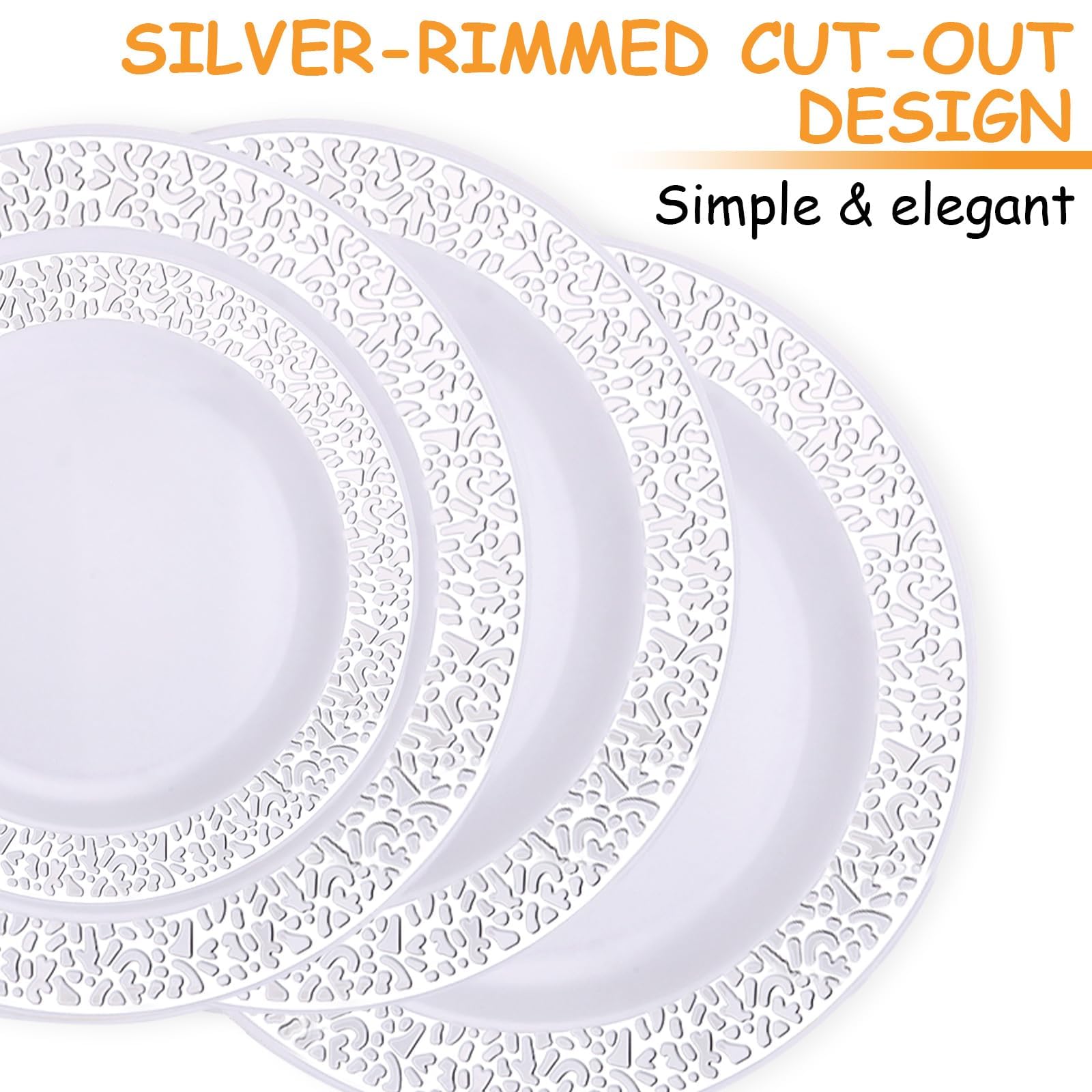 Juego de 50 platos de plástico blancos, 19 cm y 26 cm, reutilizables, platos de plástico reutilizables, para fiestas, platos de fiesta, platos de plástico con plateados para bodas, fiestas