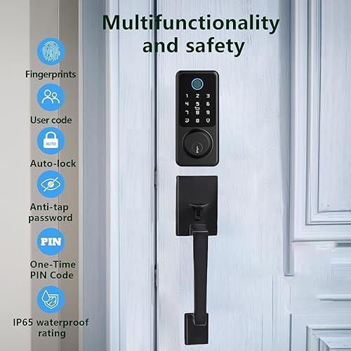 Miniatura 5 de Juego de manijas de cerradura de puerta delantera, cerradura de puerta con teclado con asas, kit de cerradura inteligente de entrada sin llave,