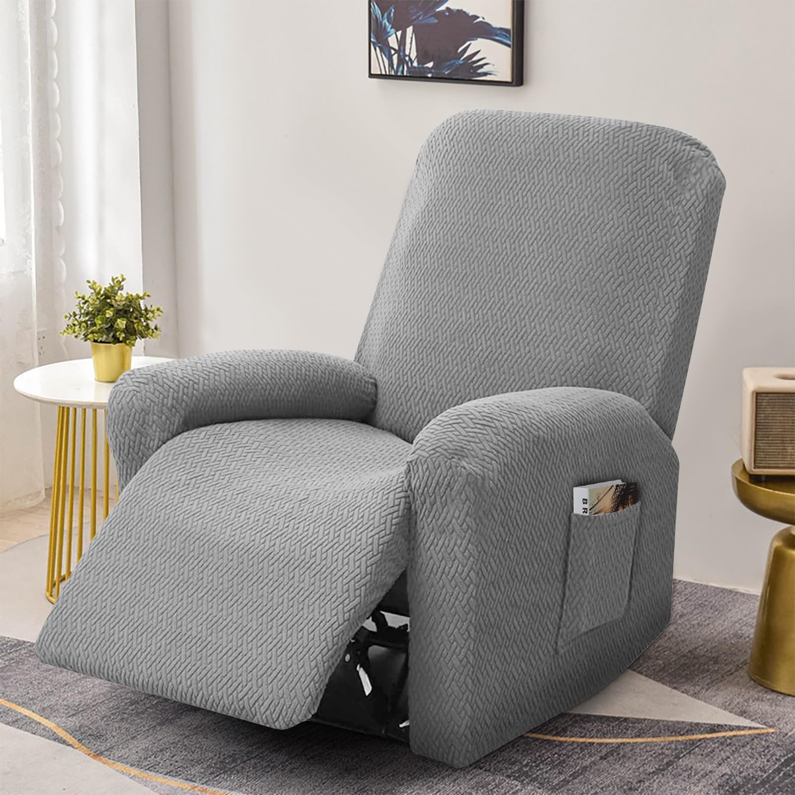 Copripoltrona universale 4 pezzi in set, Copripoltrona 1 posto con Braccioli Relax, copri poltrone elastico con tasche, per televisione e sdraiamento (Grigio chiaro)