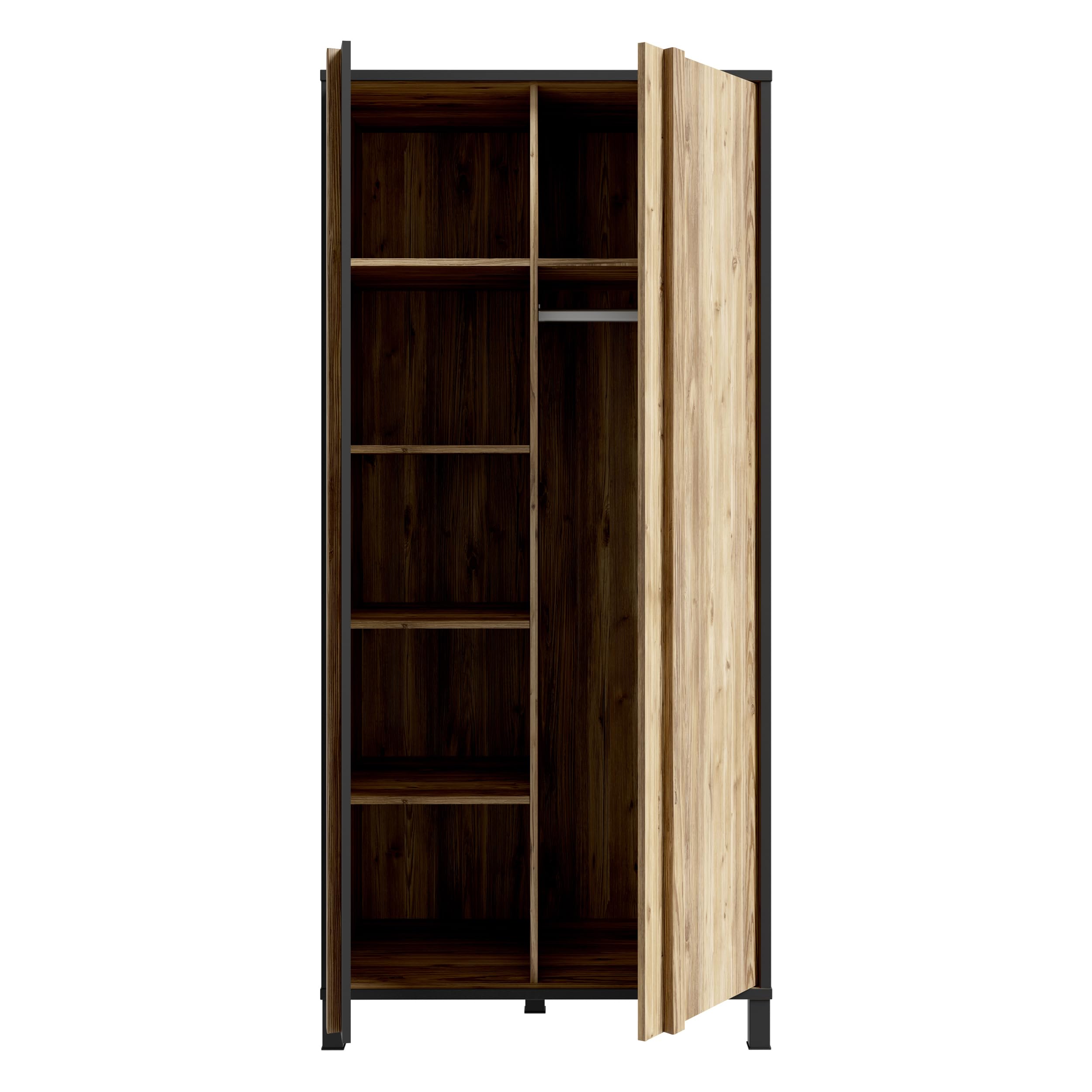 Forte HAYATO Kleiderschrank 90, Moderner Schrank mit Zwei Türen und Einlegeboden, Holzwerkstoff, Schwarz mit Alpenfichte Dekor, 89,5 cm breit, 194 cm hoch, 58 cm tief
