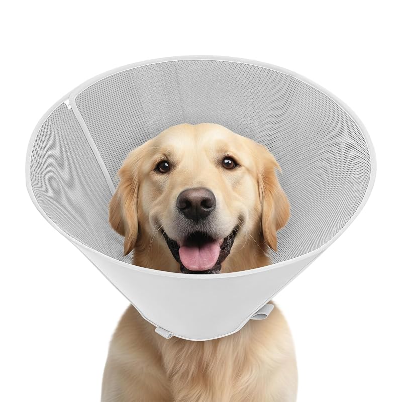 Colar elizabetano macio para recuperação de cães Petdream, tecido respirável e PVC transparente, tamanho Grande (L), cinza