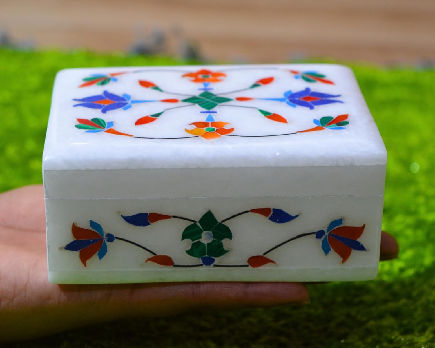 Floral Symmetry Marble Inlay Jewelry Box Gorgeous Handmade Organizer Trinket Box (4 X 3 inch) with Floral Inlay - Shiny Decorative Marble Ring Box Inlay Art - Unique Art work Great Birthday Gift