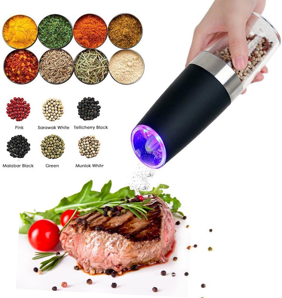 Gravity Electric Salt and Pepper Grinder,HanDingSM Battery Powered Pepper Mill and Salt Mill with Adjustable Grind Coarseness,Automatic Salt and Pepper Shakers with Blue LED Light