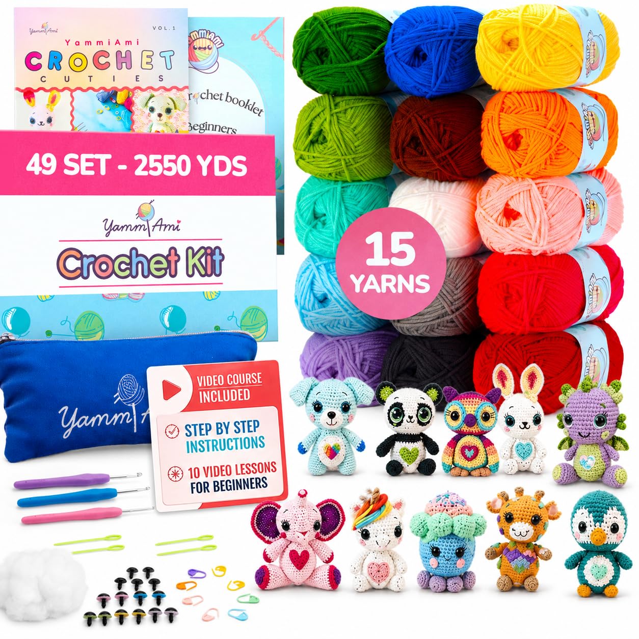 YammiAmi Beginner Crochet Kit for Adults – 15 Large Skeins, 2,550 Yards