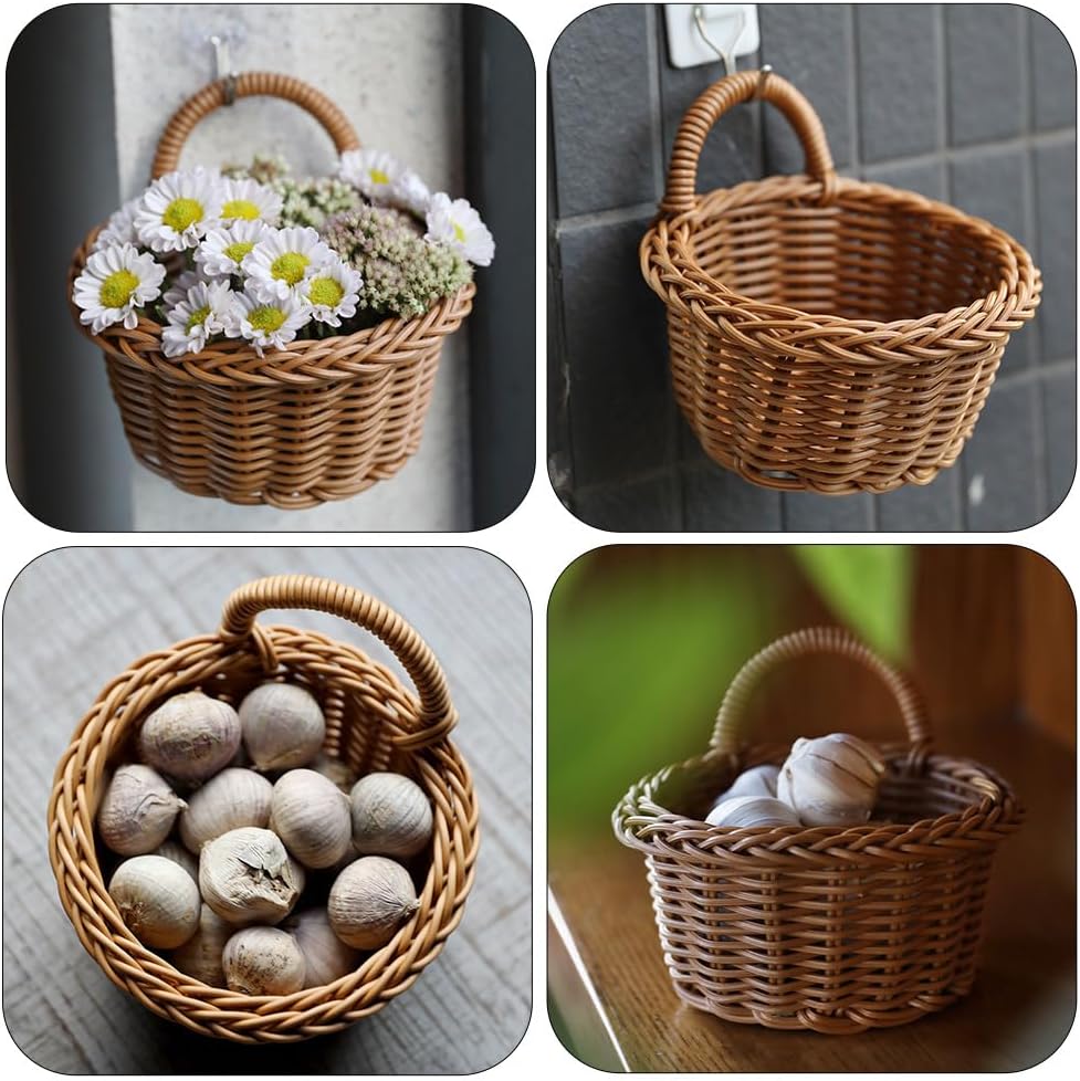 LIFKOME Hanging Wall Basket Set of 2 Lightweight Imitation Rattan Woven Storage Organizer for Kitchen Garlic Onion Fruit and Vegetable Holder