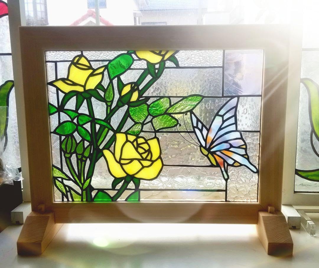ステンドグラス　ハンドメイド　パネル　まり お花のステンドグラスパネル ハンドメイド木枠付 ステンドグラス