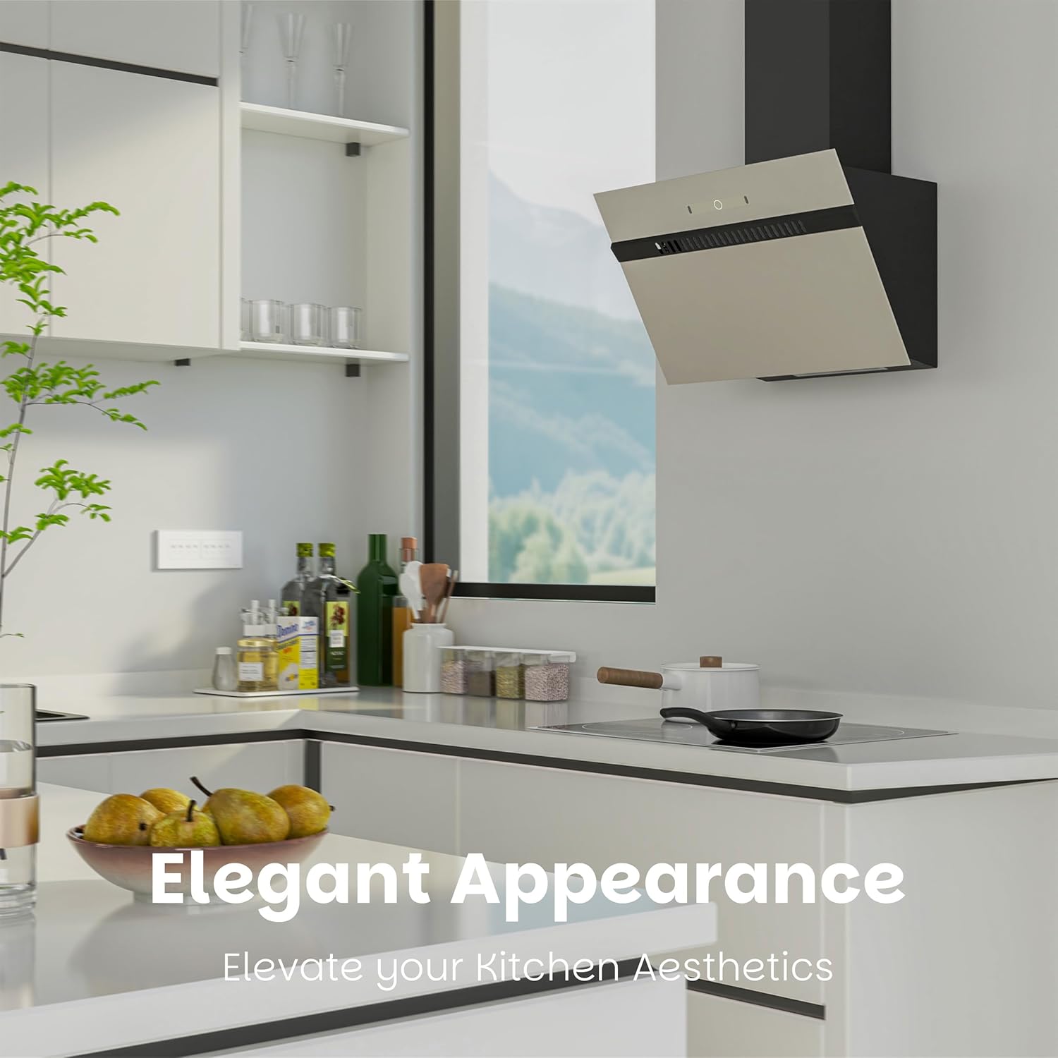 FIREGAS extractor hood installed in a modern kitchen, showcasing its elegant appearance.