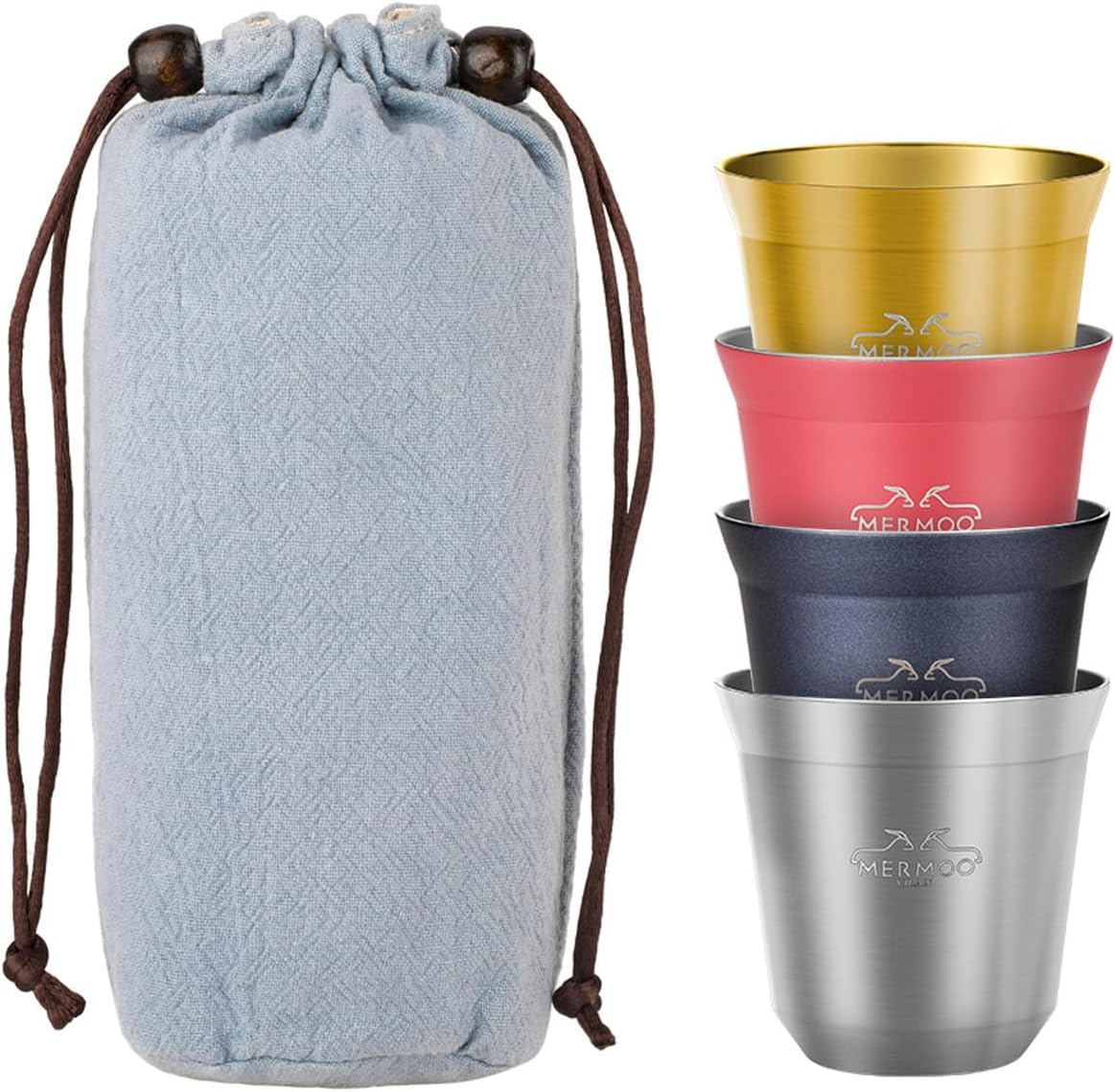 MERMOO YILAN Stainless Steel Espresso Cups 80ml-4pcs/Set Travel Coffee Cup Double Walled Demitasse Cups with Storage Pouch