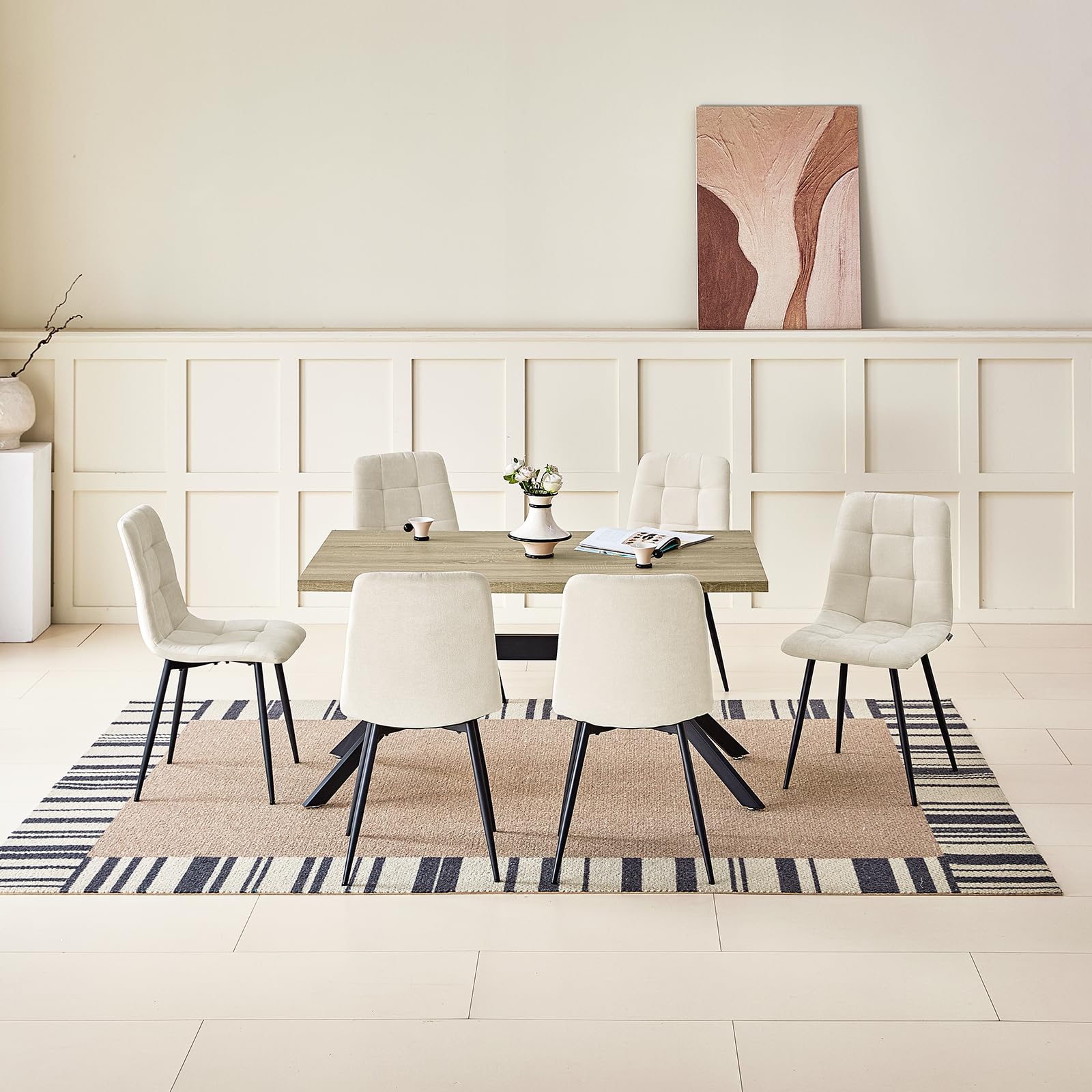 WAFTING Essgruppe Esstisch mit 6 Stühlen, 140×80×73cm HDF Esstisch mit Helle Holzmaserung, und Gepolsterte Beige Esszimmerstühle mit hoher Rückenlehne und Leinendesign, für Küche Esszimmer, Wohnzimmer