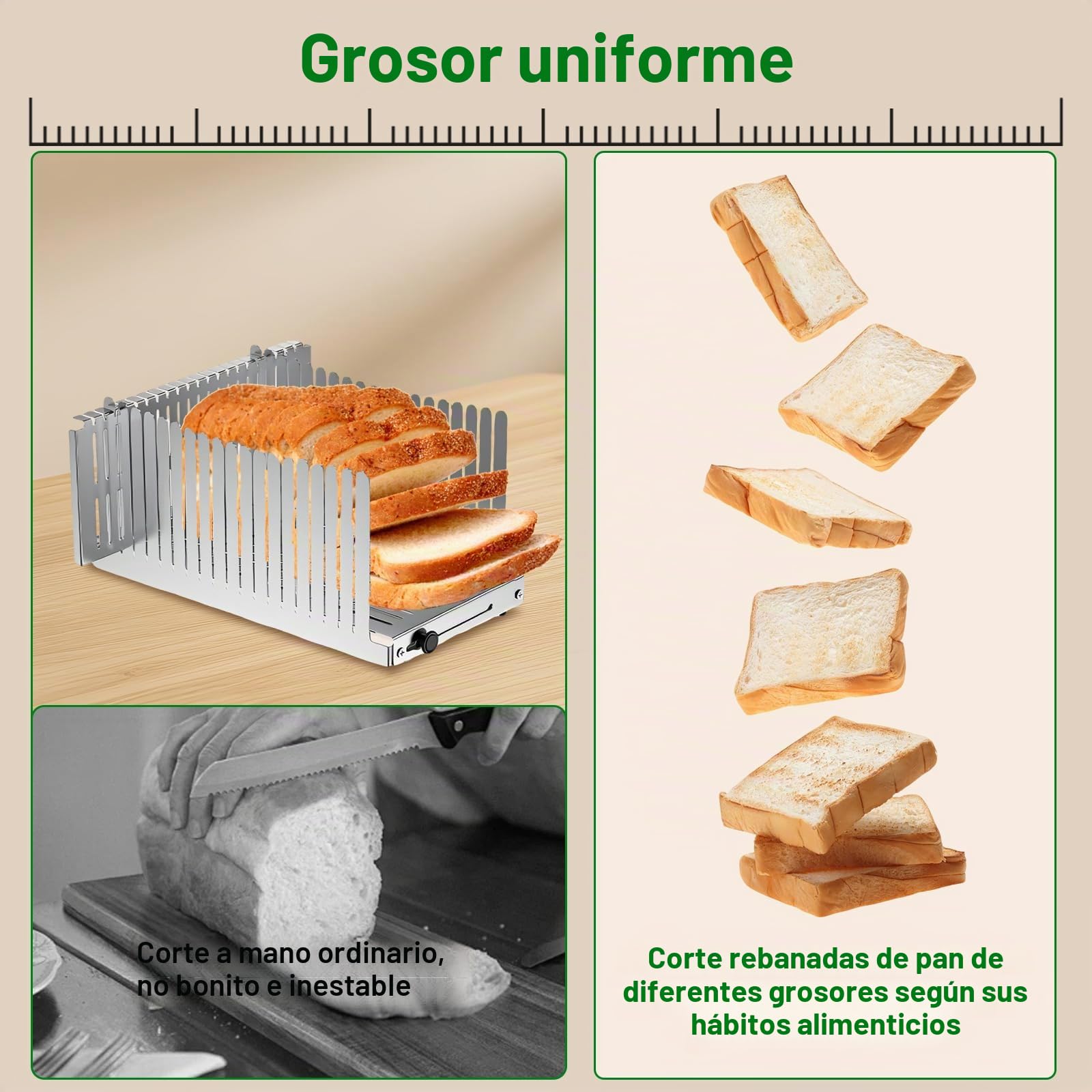 Rebanadora de Pan de Acero Inoxidable, Tabla Cortar Pan con Guía, Ancho Ajustable: de 14 a 21 cm, Grosor: 14 mm, Rebanadora de Pan Plegable para Bagels, Burritos, Tostada y Bizcocho