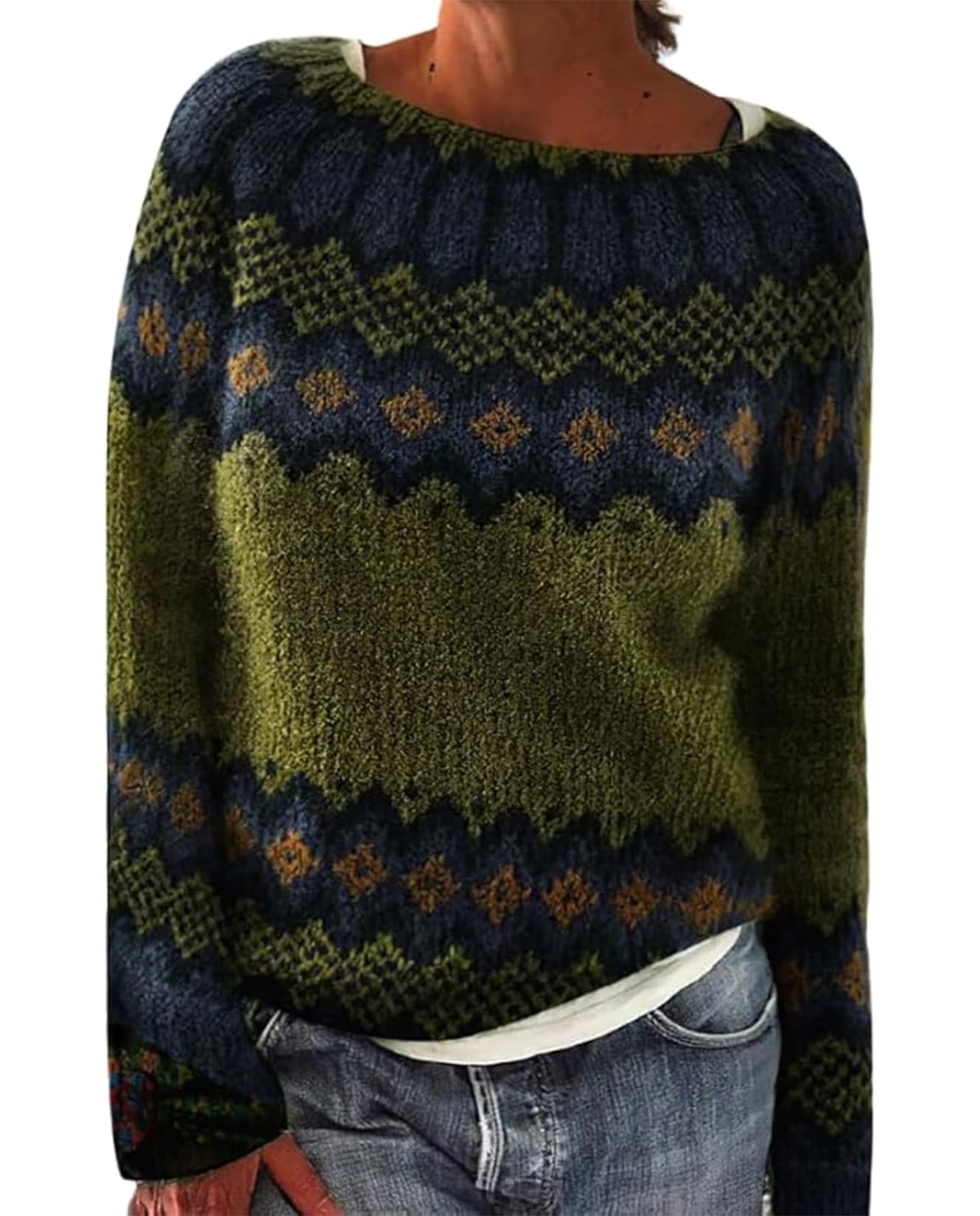 Fair Isle Sweater for Womens Winter Long Sleeve Vintage Knitted Sweater Casual Fall Crew Neck Pullover Sweaters
