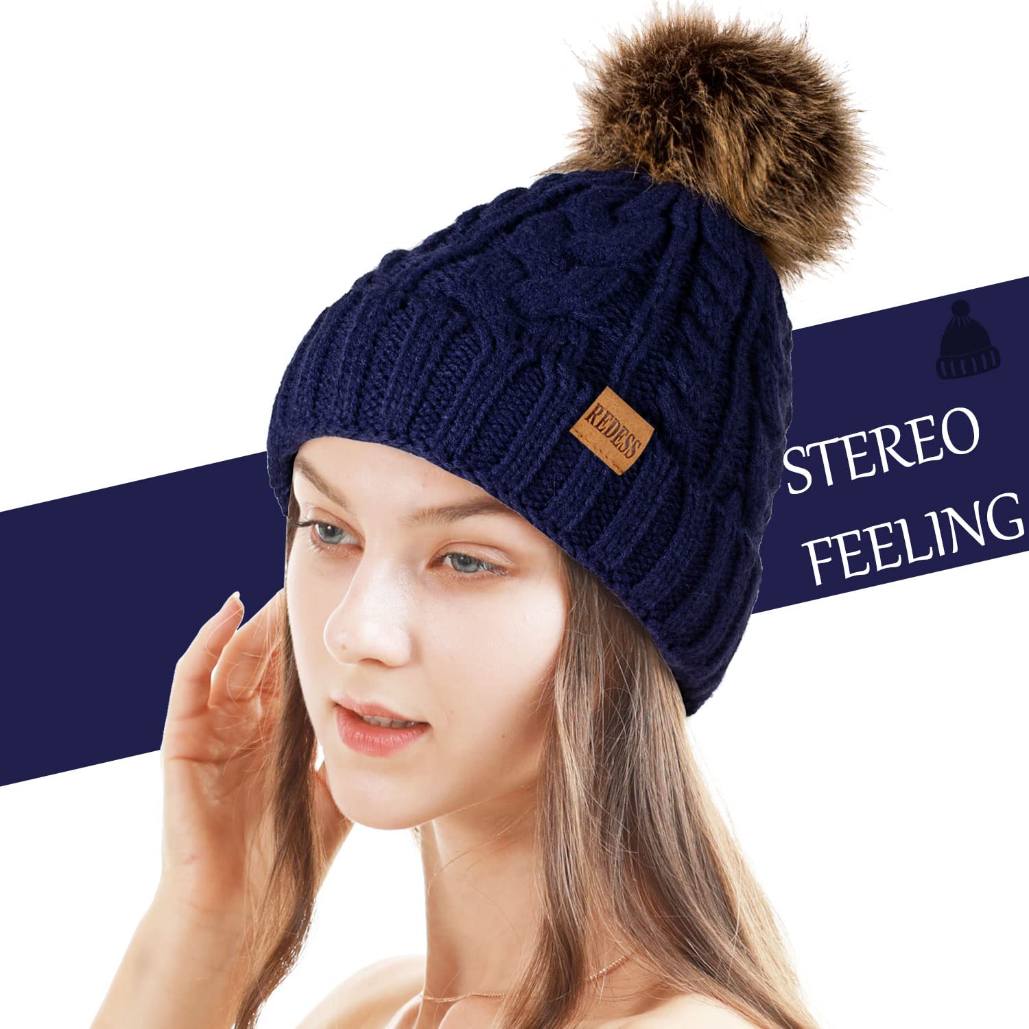 REDESS Cappello Invernale da Donna con Pom Pom Beanie Caldo Foderato in Pile Spesso Slouchy Snow Knit Chunky Baggy Skull Berretto da Sci