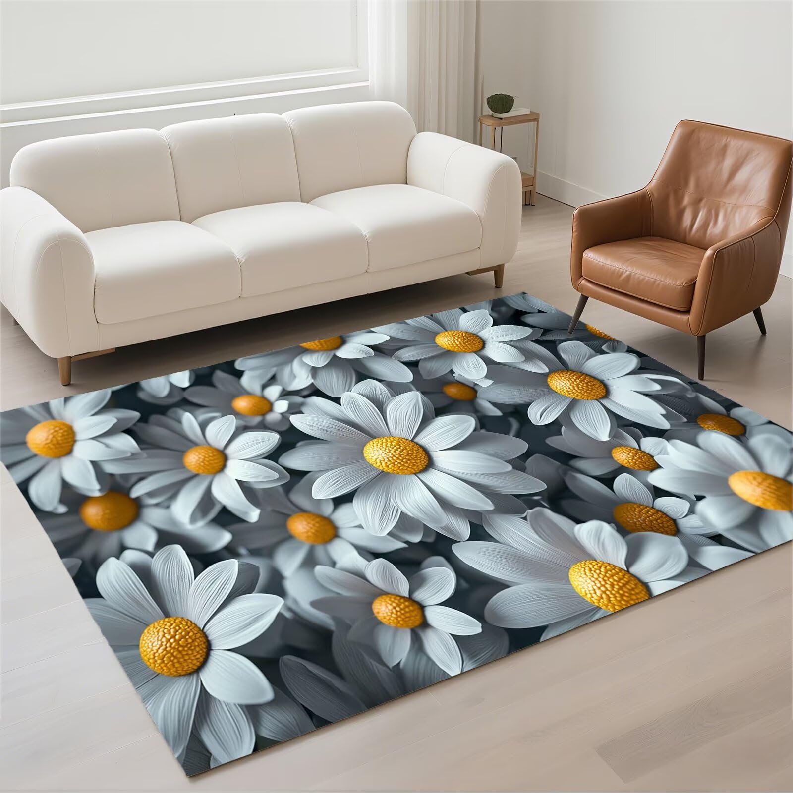 Tapis de salon 50x80cm motif marguerites moderne et lavable pour entrée