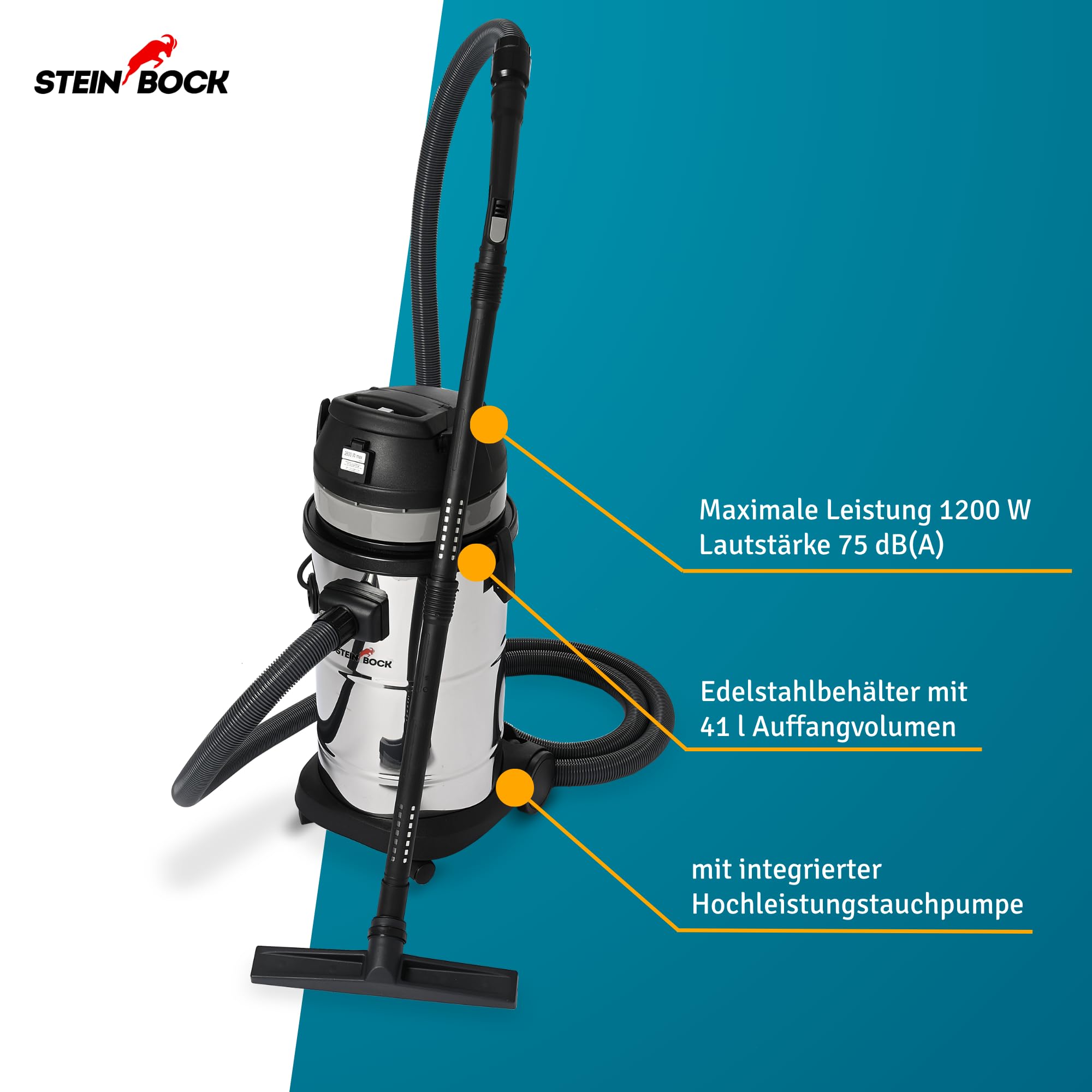 Steinbock Pumpsauger | 1.200 Watt | 41 l Edelstahlbehälter | Nasssauger mit integrierter Tauchpumpe für effizientes Abpumpen | Wasserdurchfluss-Ventil | Durchgehende Flüssigkeitsaufnahme und -abfuhr