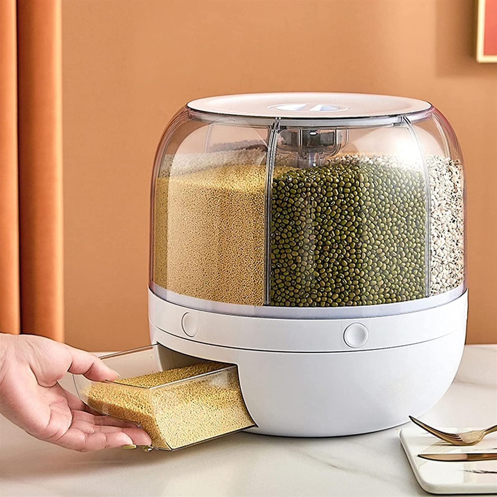 Contenitore per riso, girevole a 360°, grande capacità di 3,2 kg, 6 griglie, dispenser per alimenti rotante, visibile e rotondo, per cereali, snack, caramelle, chicchi di caffè, fai