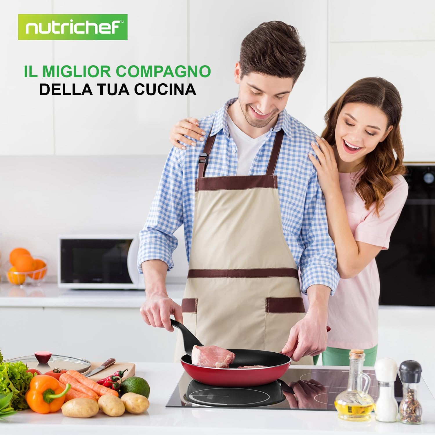 NutriChef Set di Pentole e Padelle Antiaderenti da 13 Pezzi, Resistenti al Calore, con Pentolino, Padelle, Pentole, Casseruola, Coperchi e Utensili, Rosso