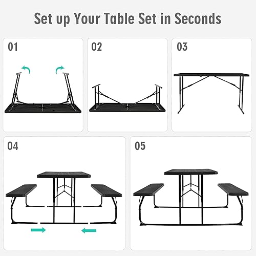 Miniatura 6 de GYMAX Mesa de pícnic, mesas de picnic plegables de 550 libras con bancos y asientos, resistente a la intemperie, mesa de picnic portátil de fácil