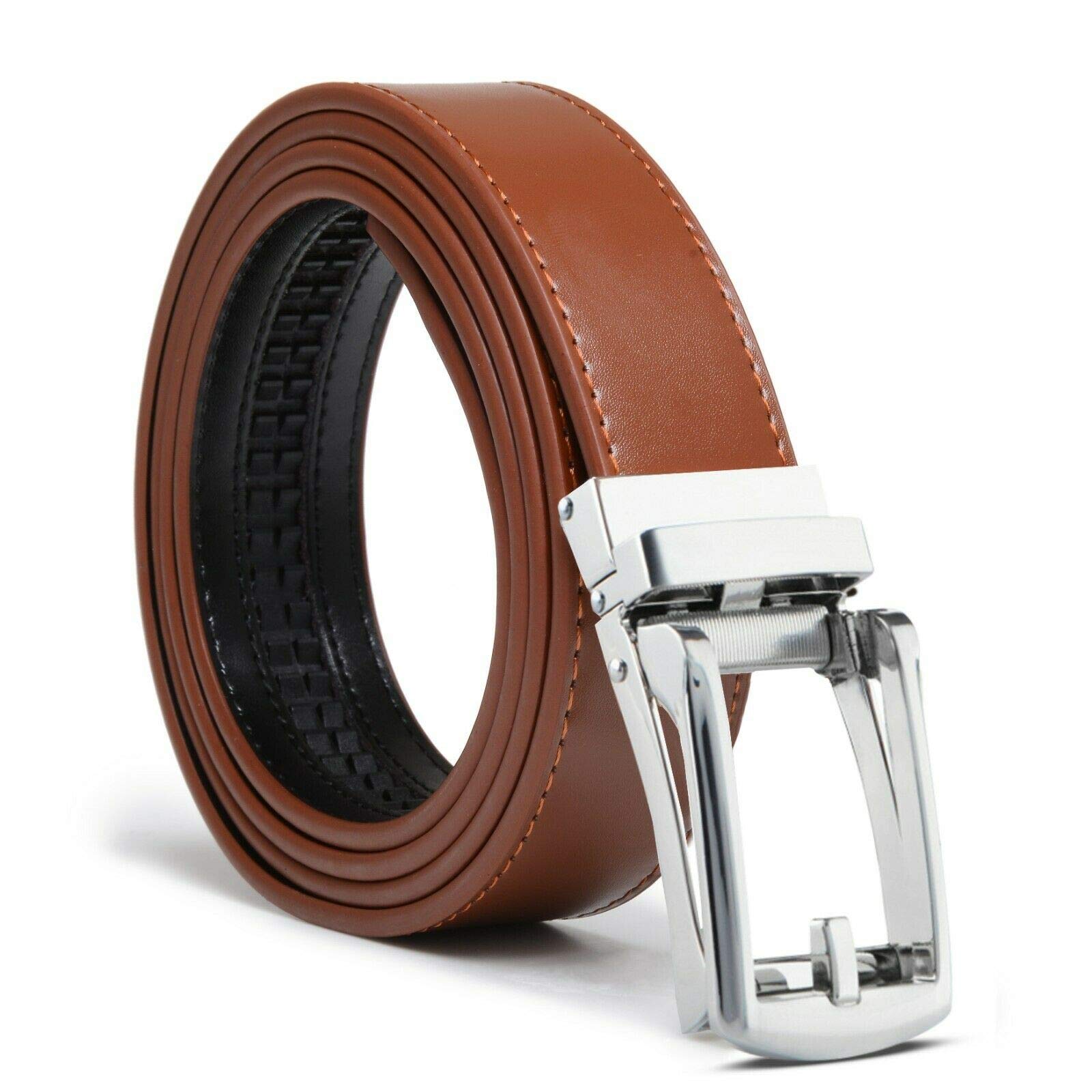 Ausuky Men's Brown Premium Grain Leather Comfort Click Adjustable Fit Ratchet Jeans Pants Belt Automatic Belt Buckle No Holes (,110Cm)