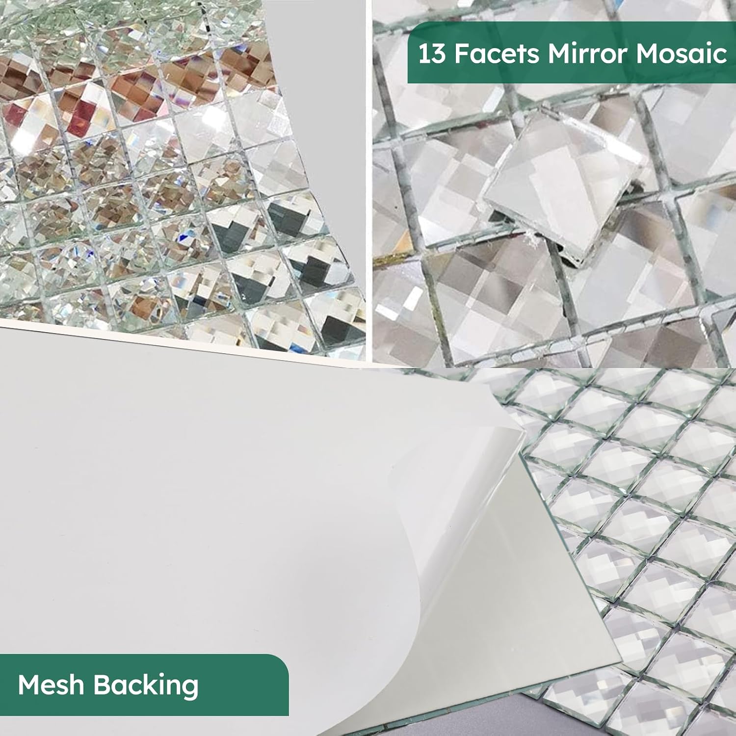 Diflart Peel and Stick Mirror Glass Mosaic Tile Crystal Diamond Mosaic Tile 0.51x0.34 Inch Sample