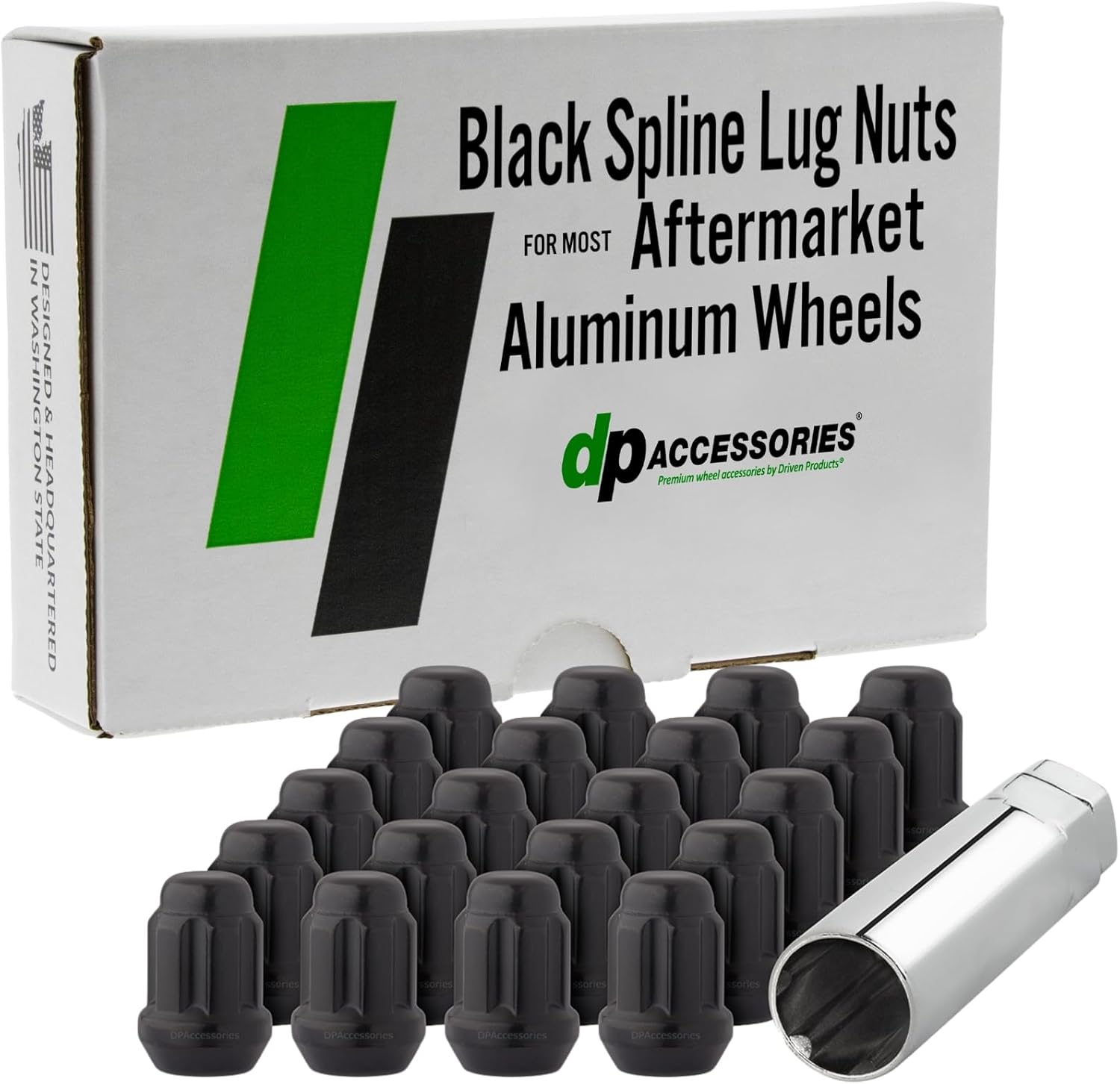 DPAccessories Lug Nuts Compatible with 2010-2015 Chevrolet Camaro | Black Spline Style | Aftermarket Aluminum Wheels Only | Set of 20 Wheel Nuts & 1 Tool | DCHCAM05A-BK/1