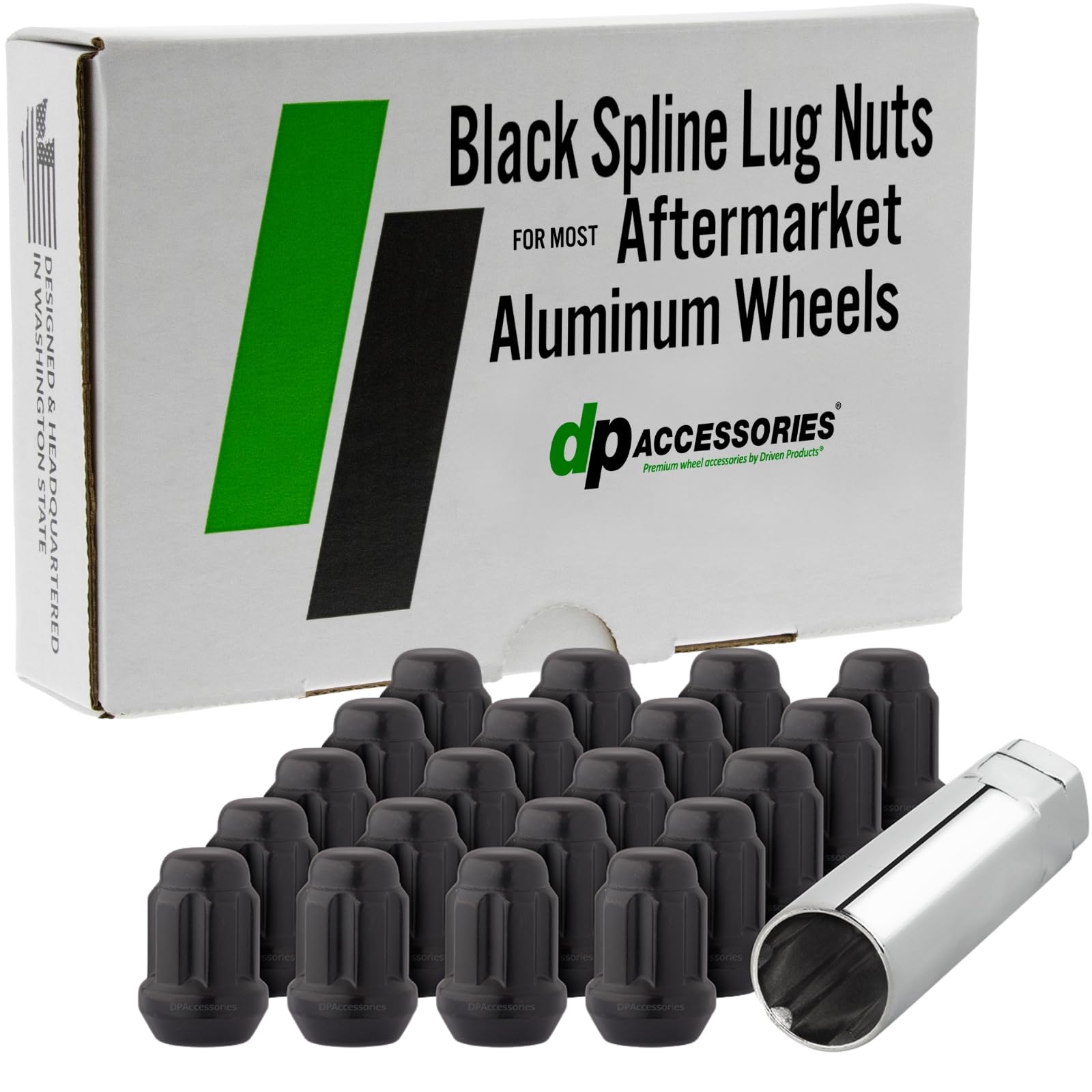 DPAccessories Lug Nuts Compatible with 2011-2023 Dodge Challenger | Black Spline Style | Aftermarket Aluminum Wheels Only | Set of 20 Wheel Nuts &amp; 1 Tool | DDOCHL02A-BK/1