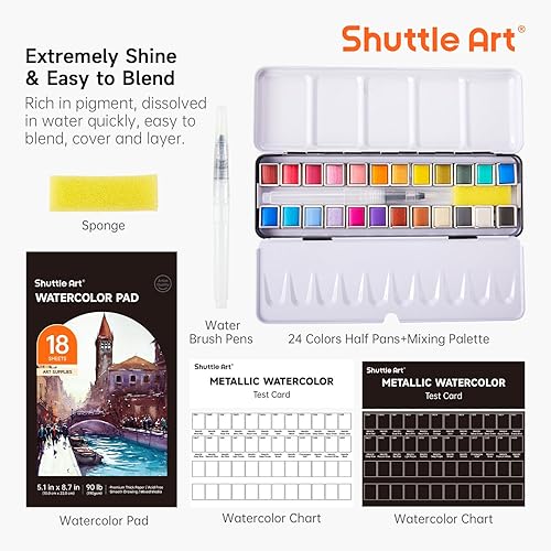 Miniatura 4 de Shuttle Art - Pinturas de acuarela metálicas, 24 colores de pintura de acuarela con purpurina en medias sartenes con pincel de agua, almohadilla de