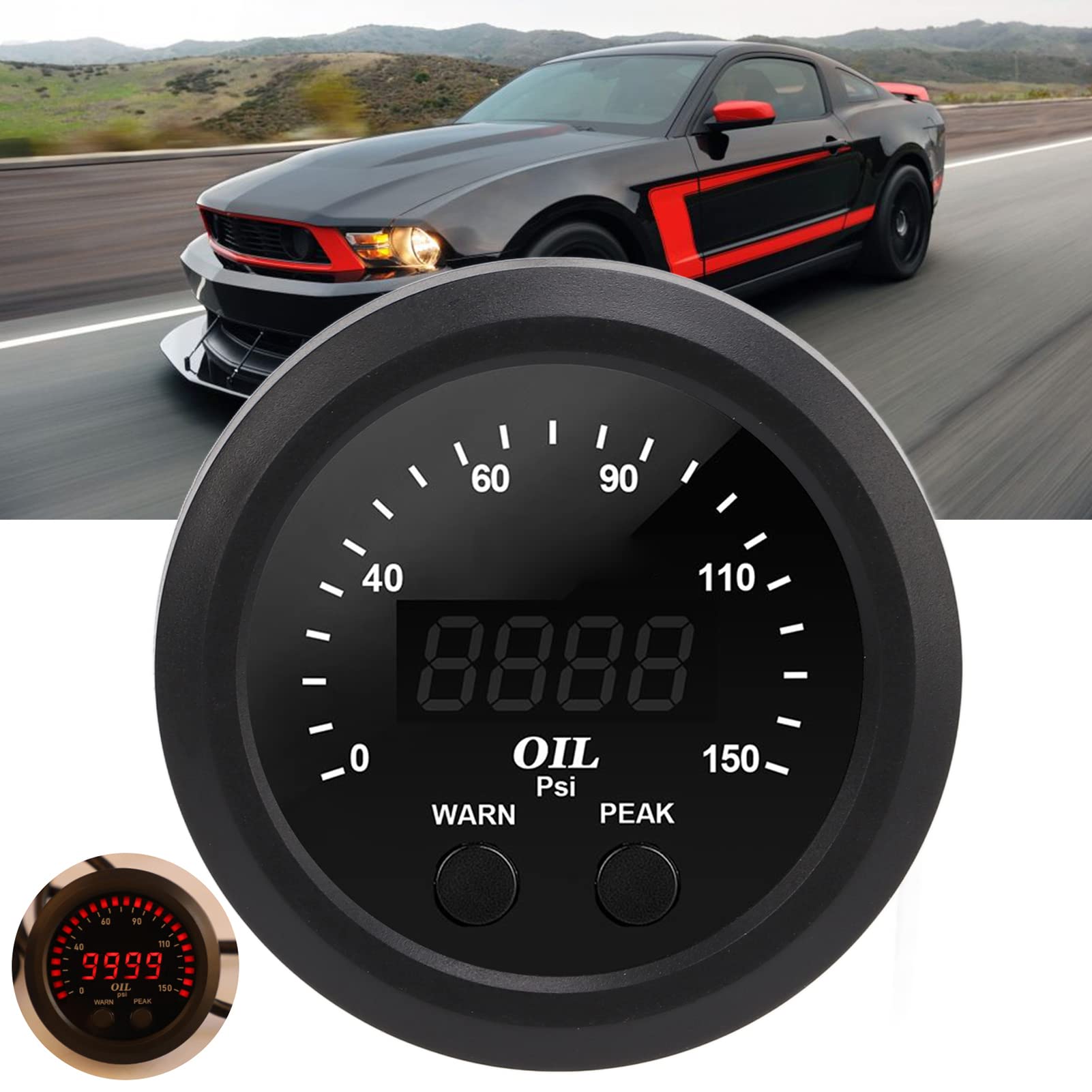 AMONIDA Medidor de Presión de Aceite de 150 PSI con Pantalla LED Roja para Modificación de Automóvil, ABS Duradero, 2-1/16 Pulgadas y Fácil Instalación