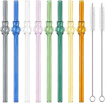 YUTRENN Glass Straws 8 Pcs Cute Bear Cocktail Straws with 2 Cleaning Brushes 7.87 Inch Reusable Straw Shatter Resistant Colorful Straw Dishwasher Safer for Juice, Smoothie, Milkshakes, MilkTeas