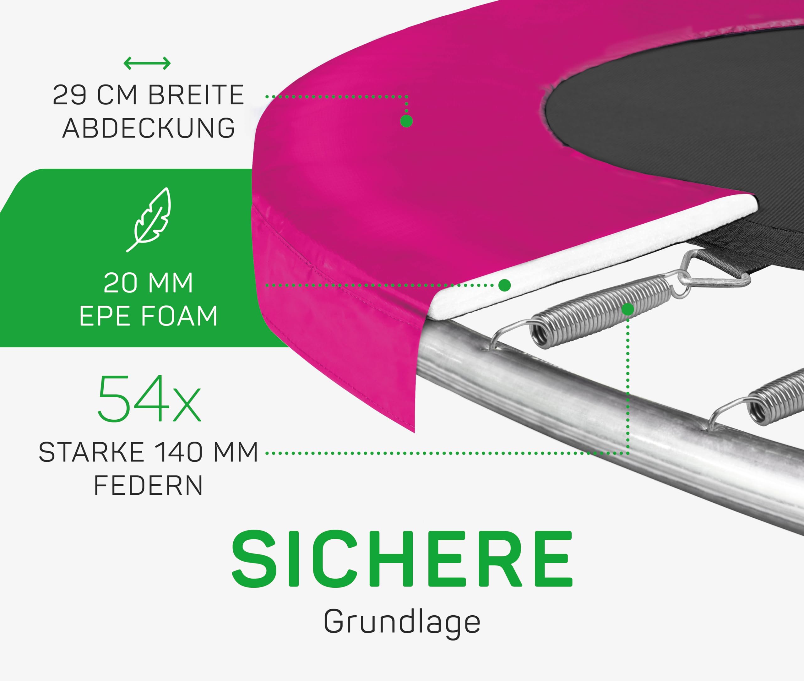 Salta Comfort Edition – ⌀183/213/251/305/366/396/427cm - TÜV geprüft – Schwarz/Grün/Pink - rundes Outdoor Trampolin, Gartentrampolin - Set mit Sprungmatte, Sicherheitsnetz, Federn, Randabdeckung