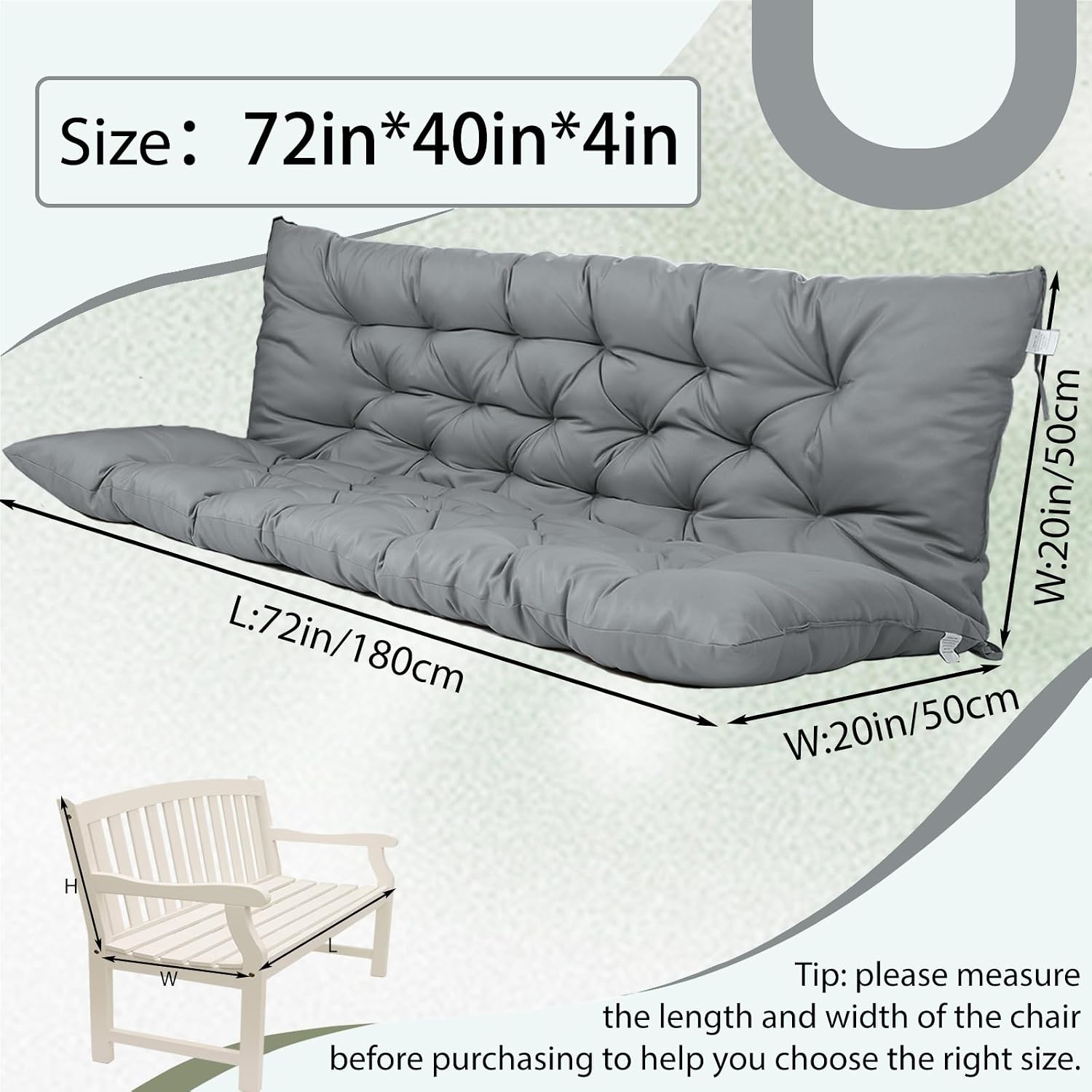 2/3 Seater Swing Replacement Cushion, Waterproof Porch Swing Cushions with Backrest, Thickened Bench Cushions for Outdoor Furniture, for Outdoor Patio Swing (Light Grey, 71 * 40in)