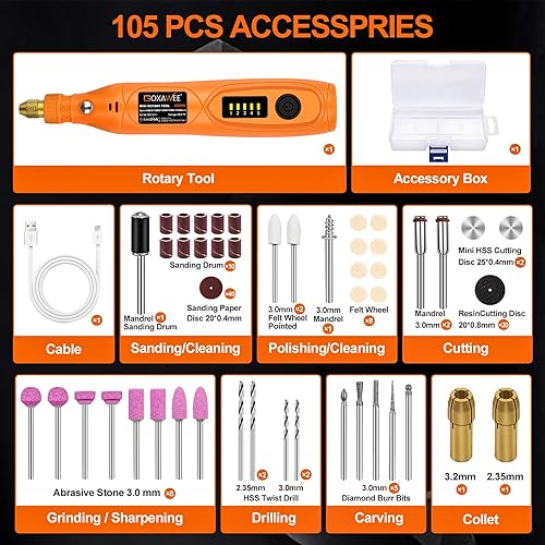 Miniatura 3 de GOXAWEE Mini kit de herramientas rotativas inalámbricas con 105 accesorios, carga USB, 5 velocidades, 18000 rpm, herramienta de manualidades