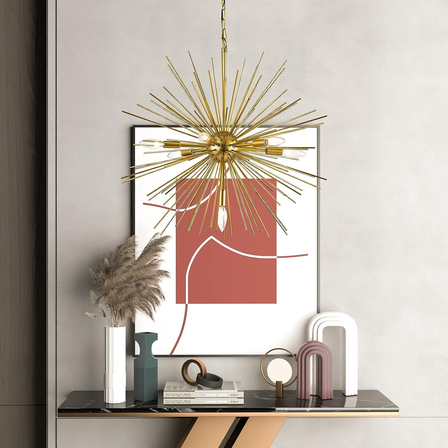 Maxax Gold Sputnik Chandelier, 7 Lights Satellite Pendant Light fixtures, 25.6'' Modern Starburst Firework Metal Ceiling Light, for Dining Room, Bedroom, Kitchen, Hallway, Entryway, E12