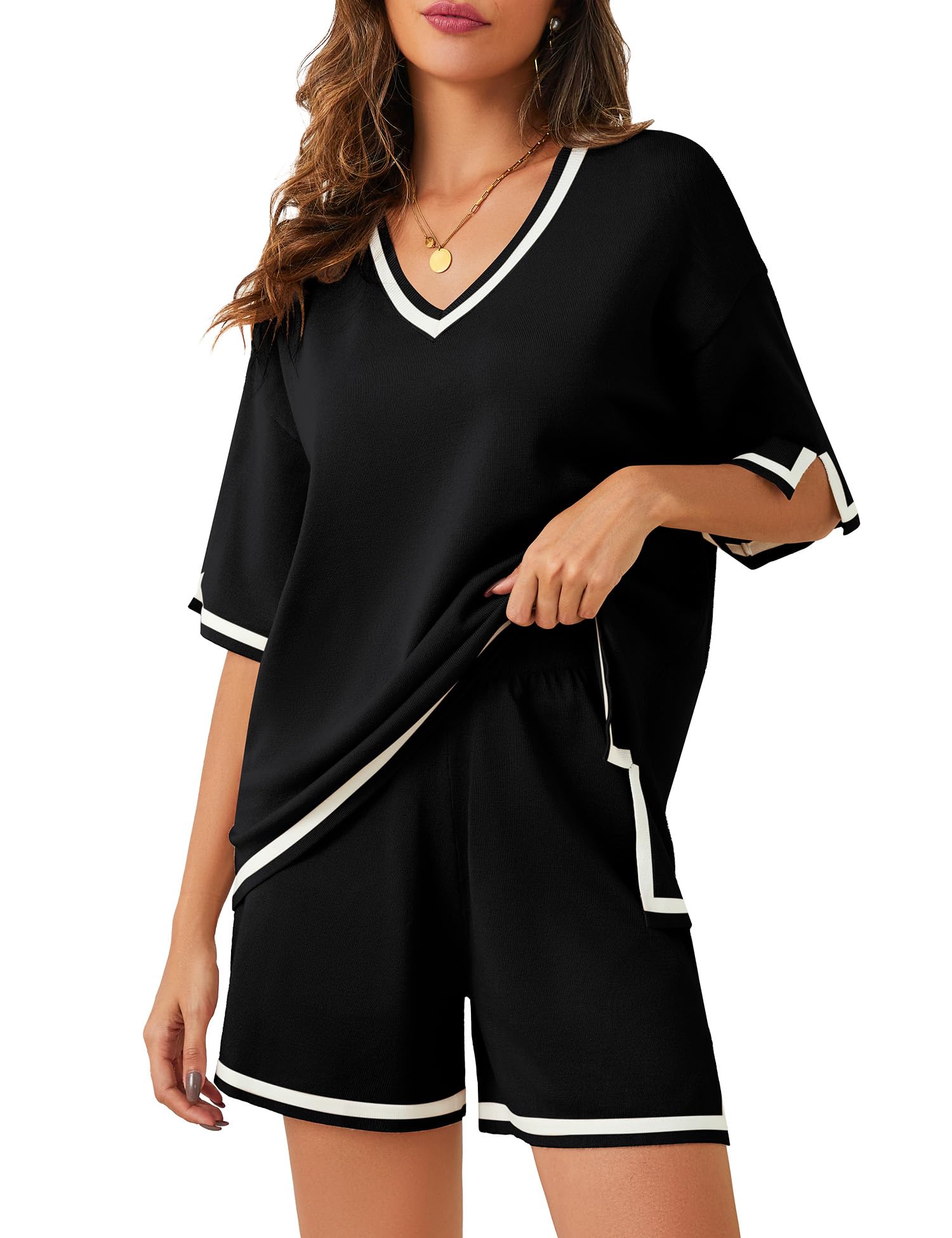 BloggerloveWomen Knit Sweater Short Sets 2 Piece Outfits V Neck Pullover Tops Wide Leg Short Sets Matching Lounge Set