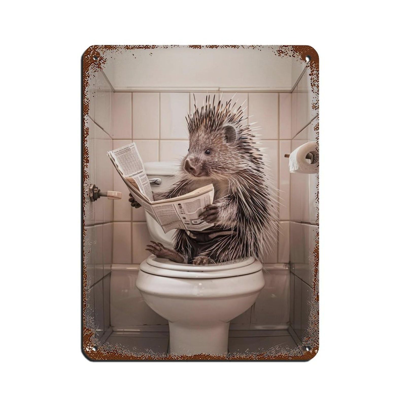 Porcupine Sitting on The Toilet Reading A Newspaper (10) Tin Sign Vintage Metal Pub Club Cafe Bar Home Wall Art Decoration Poster Retro 12x16inch(30x40cm)