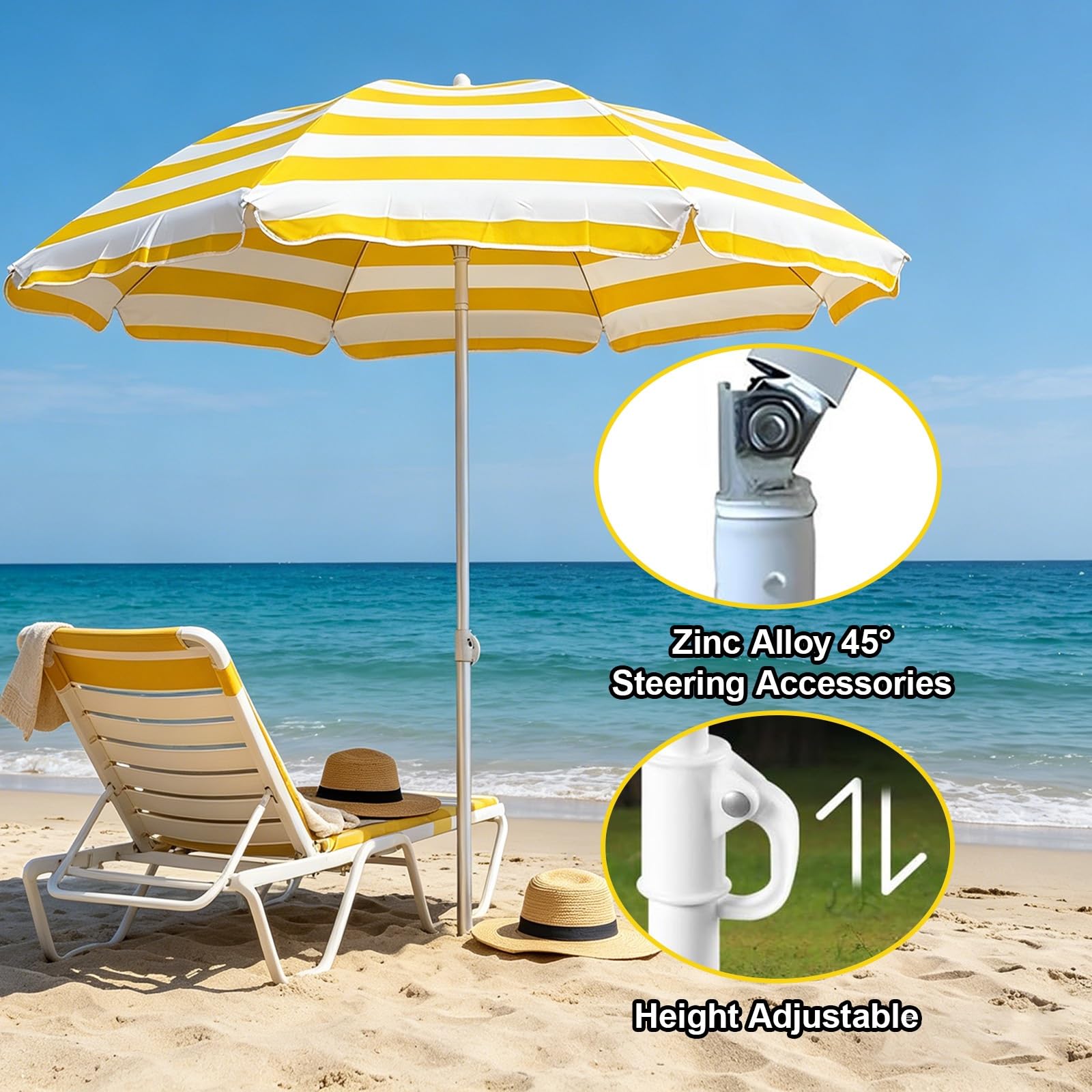 Przenośny Parasol Tarasowy, Parasol Plażowy w Paski, Regulowane Lekkie Małe Parasole Plażowe na Piasek, Regulowana Wysokość, Przeciwsłoneczny Wodoodporny, do Ogrodu, Basenu