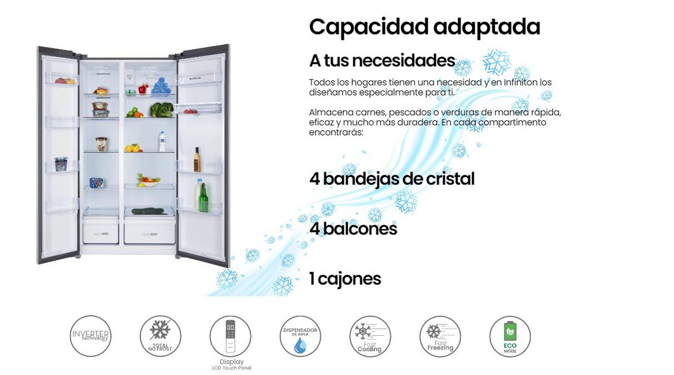 INFINITON | Frigorífico SBS-503A77XED | Capacidad 503 L | Con dispensador de agua | No frost | Altura 176,8cm | Clase E